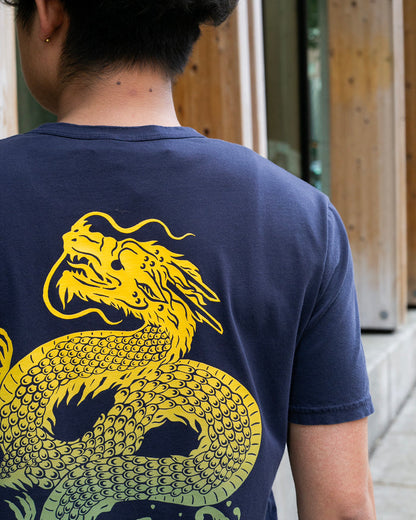 Kiriko Original Tee, 6 oz Cotton, Navy with Yellow Gradient Koi-Dragon