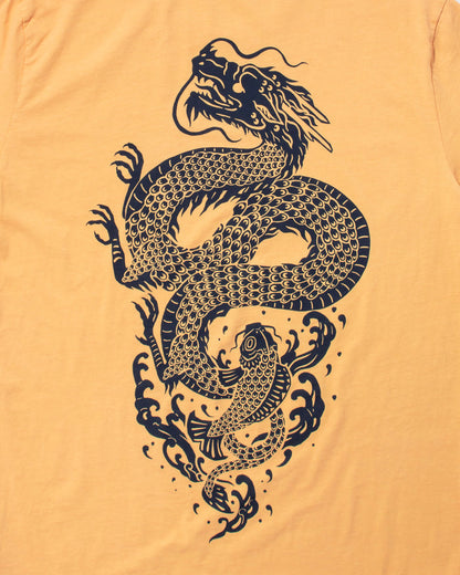 Kiriko Original Tee, 6 oz Cotton, Yellow with Indigo Koi-Dragon