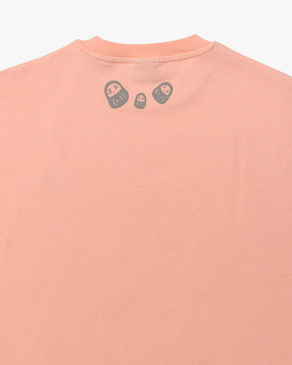 Kiriko Original Tee, Printed Daruma, Pink with Grey