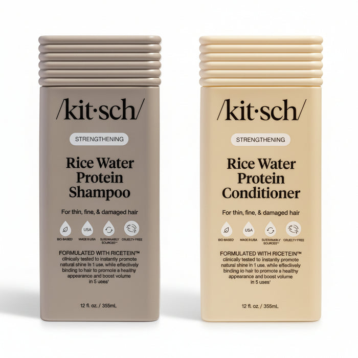 Two bottles of Kitsch Rice Water Protein Shampoo and Conditioner on a white background