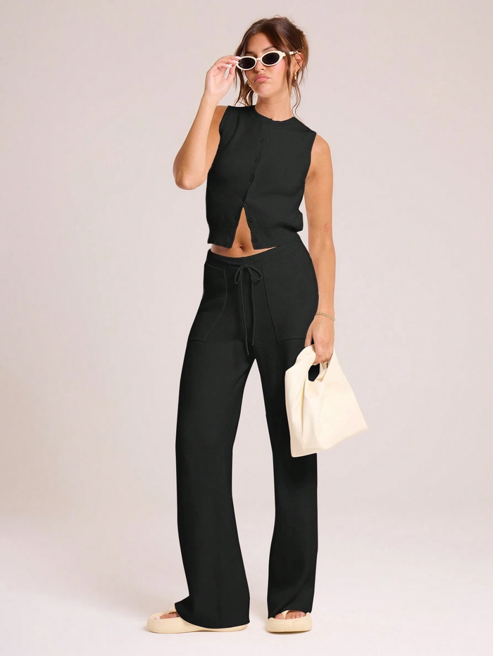 KNITTED BUTTON THROUGH VEST SUIT