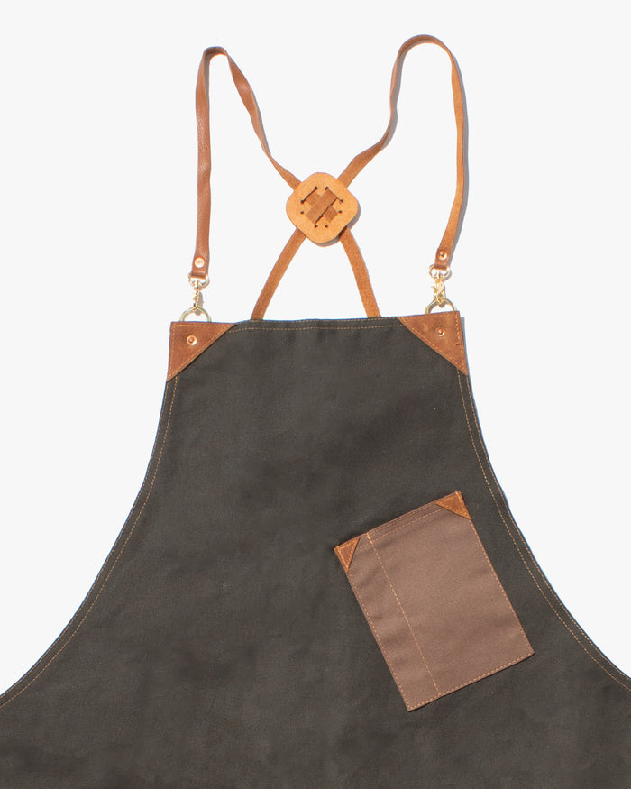 Kokoro Original Work Apron, Full, Canvas, Brown Pocket on Olive