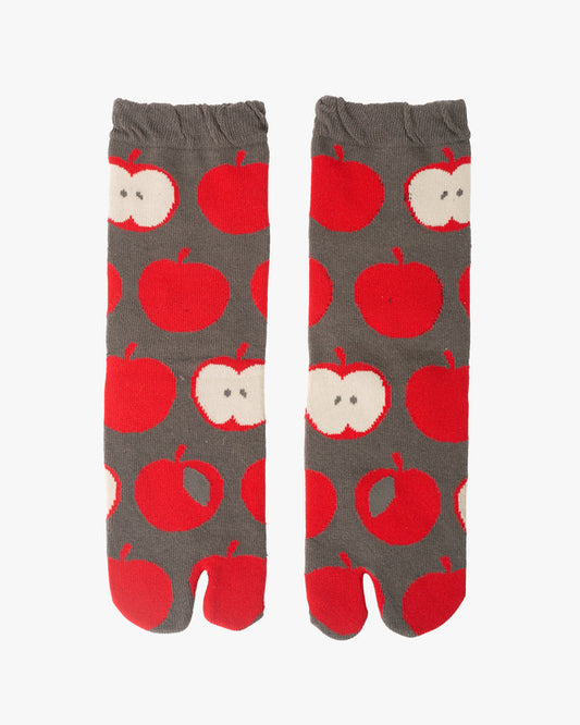 Kurochiku, Tabi Socks, Crew, Grey with Red Apples- S/M
