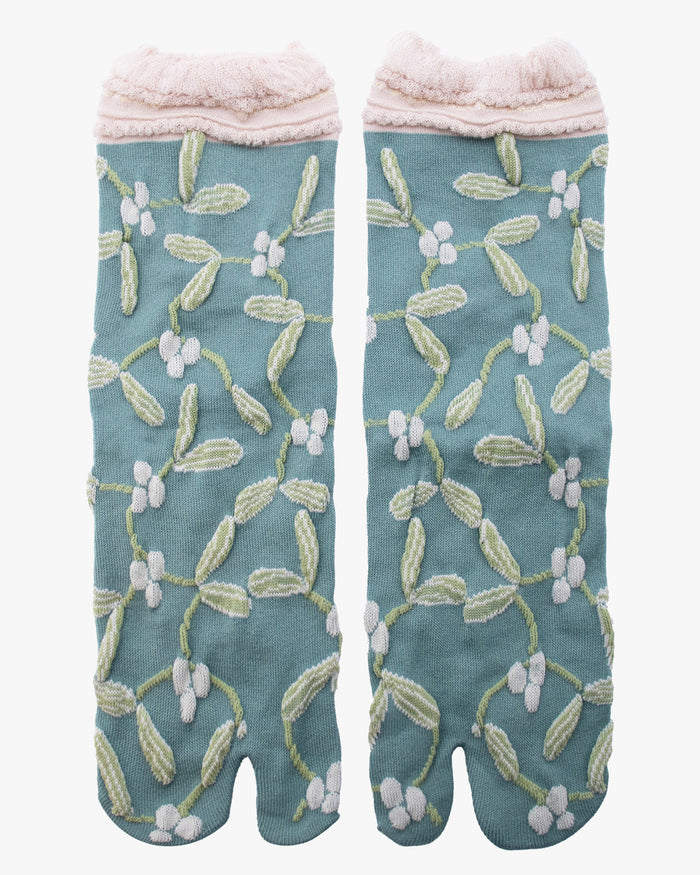 Kurochiku, Tabi Socks, Crew, Teal with Green Flowers (S/M)