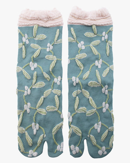 Kurochiku, Tabi Socks, Crew, Teal with Green Flowers (S/M)