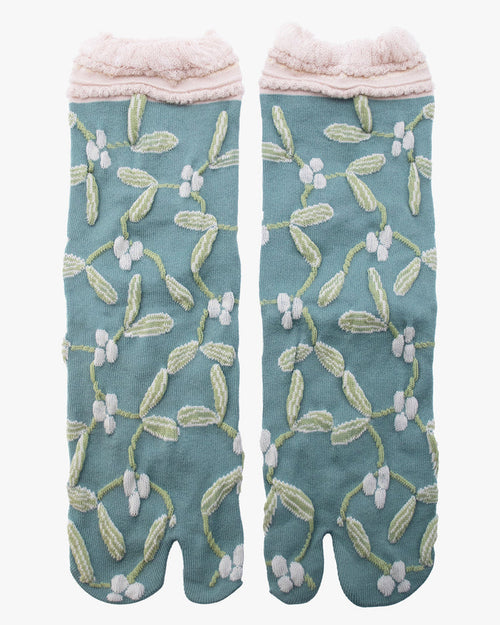 Kurochiku, Tabi Socks, Crew, Teal with Green Flowers (S/M)