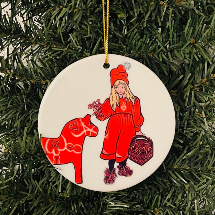 Large Ceramic Ornament - God Jul Girl with Dala horse