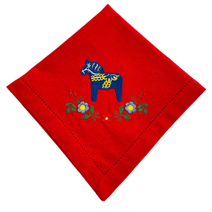 Large Square Napkin Embroidered Blue Dala horse & Flowers