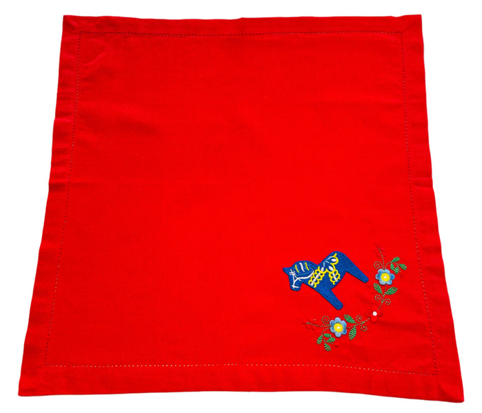 Large Square Napkin Embroidered Blue Dala horse & Flowers