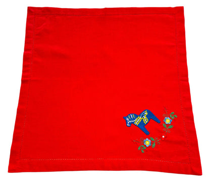 Large Square Napkin Embroidered Blue Dala horse & Flowers