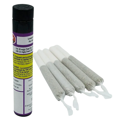 Angled top-down view of five pre-rolled joints fanned beside a standing black tube labeled Lemon-Up PR 5 x 0.5 g.