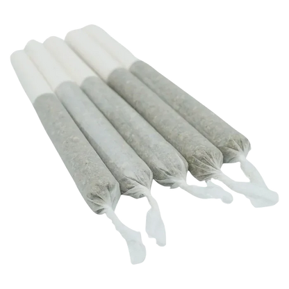 Three-quarter view of five twisted-end Lemon-Up PR 5 x 0.5 g pre-rolls aligned diagonally on a white background.
