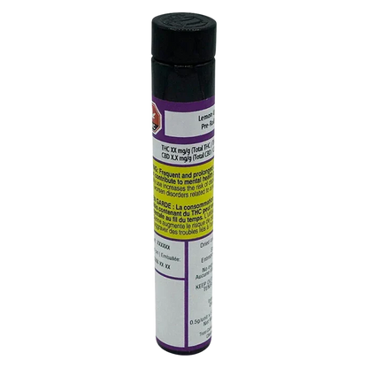 Tall front view of the Lemon-Up PR 5 x 0.5 g tube standing upright with a black cap and purple, yellow, and white warning labels visible.