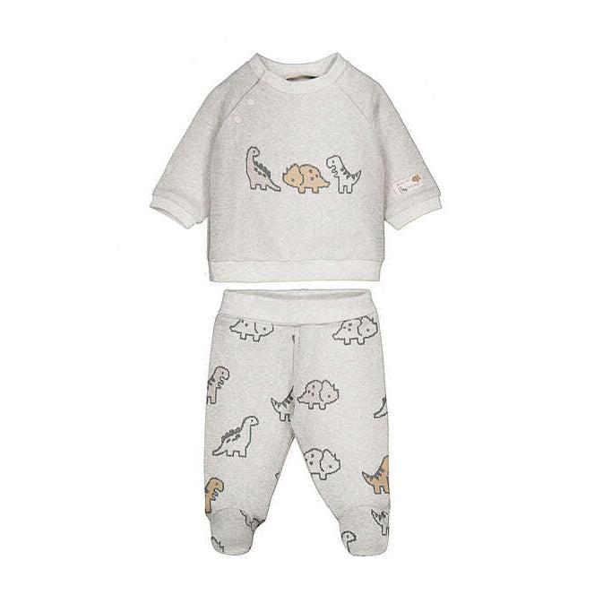 A two-piece baby loungewear set in light heather gray, featuring a short-sleeve sweatshirt and matching jogger pants with dinosaur prints in brown, beige, and gray.