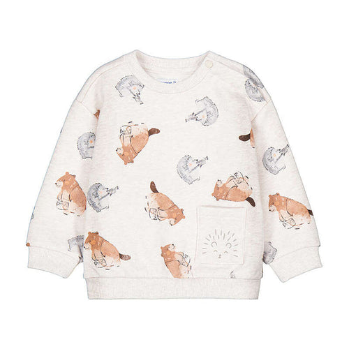 A baby long-sleeve sweatshirt in cream heather with an all-over watercolor print of foxes and hedgehogs, featuring a front pocket with a hedgehog design.