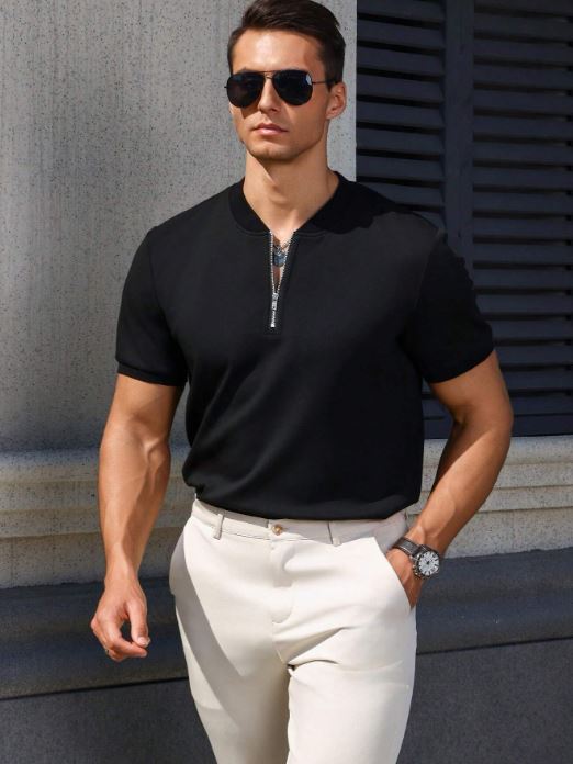 MEN'S SOLID COLOR ZIPPER FRONT POLO SHIRT