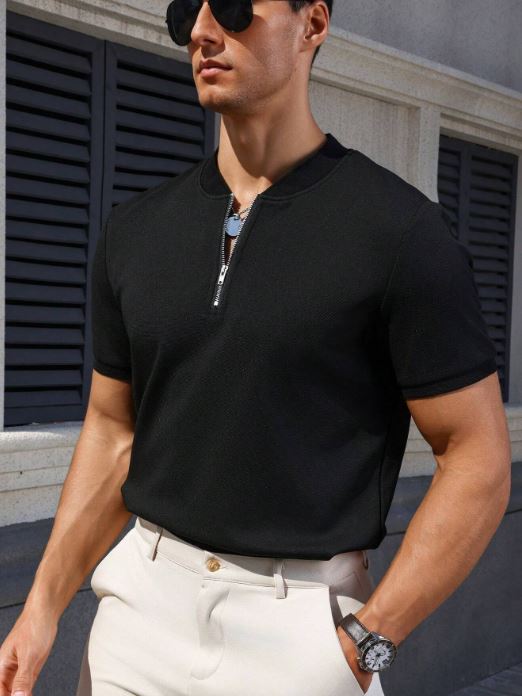 MEN'S SOLID COLOR ZIPPER FRONT POLO SHIRT