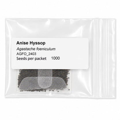 Clear packet of Anise Hyssop seeds with text on a white background