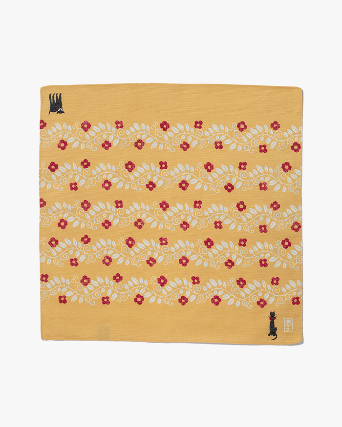 Modern Furoshiki, Musubi, Yumeji Takehisa, Yellow Cats and Vines,  19 x 19