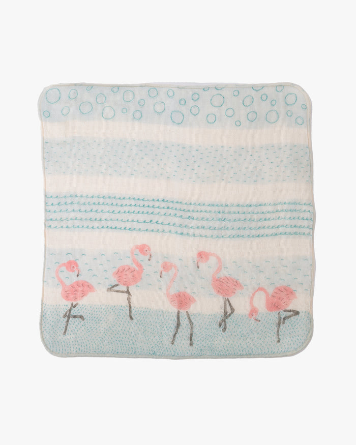 Musubi Organic, Quadrupled Layered Gauze Handkerchief, Kayo Aoyama, Flamingo, Blue, 10" x 10"