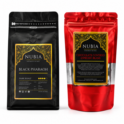 Nubia coffee and chocolate covered espresso beans on white background.