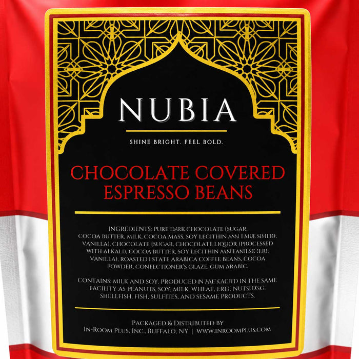 Nubia chocolate covered espresso beans packaging with decorative border and text.