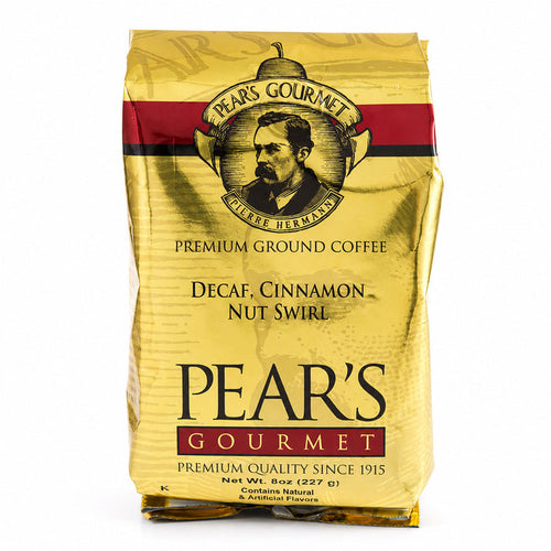 Pear's Gourmet coffee bag with a vintage-style portrait on a white background