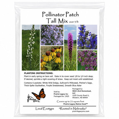 Pakaging of Pollinator Patch Tall Mix seed packet with images of flowers and planting instructions.