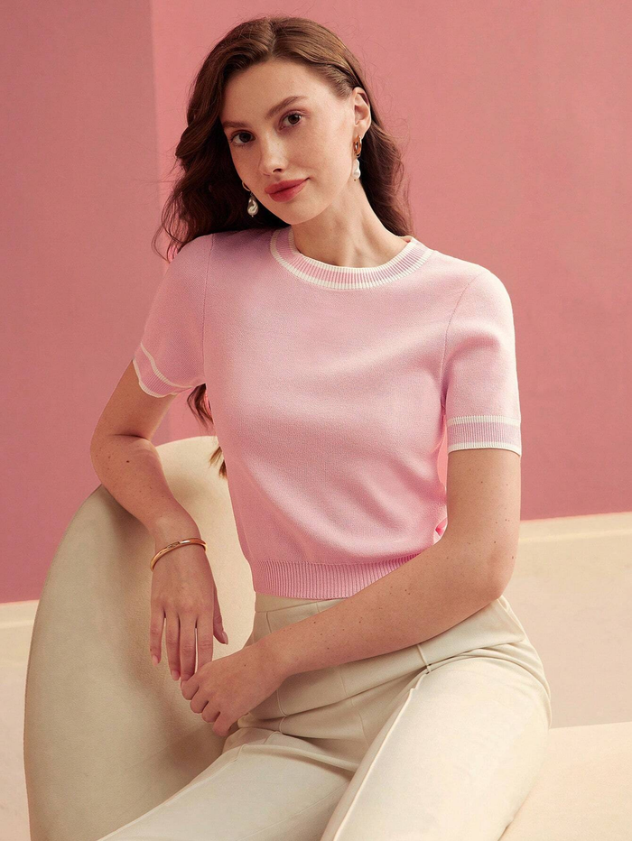 PREMIUM CONTRAST TRIM SHORT SLEEVE KNIT TOP