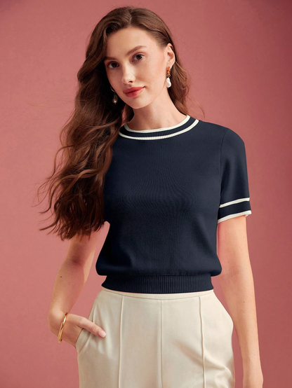 PREMIUM CONTRAST TRIM SHORT SLEEVE KNIT TOP