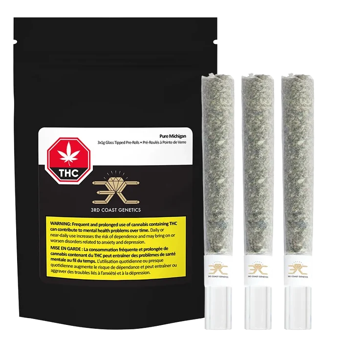 Front-facing image of the Pure Michigan Glass Tip PR 3 x 1 g pouch standing beside three clear glass-tipped pre-rolls on a white background