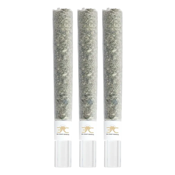 Three upright Pure Michigan Glass Tip PR 3 x 1 g pre-rolls in clear glass tubes shown front-on against a white background