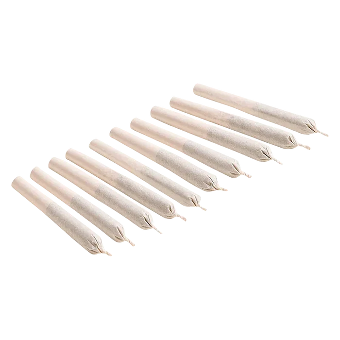Angled top-down view of ten pale pre-rolled cones arranged diagonally, labeled Purple Fog PR 10 x 0.35 g.