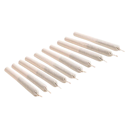 Angled top-down view of ten pale pre-rolled cones arranged diagonally, labeled Purple Fog PR 10 x 0.35 g.