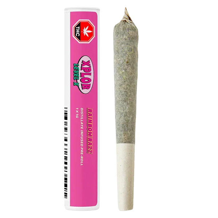 Straight-on view of a pre-roll and pink tube packaging labeled "Rainbow Razz Distillate Infused PR 1 x 1 g" against a white background.