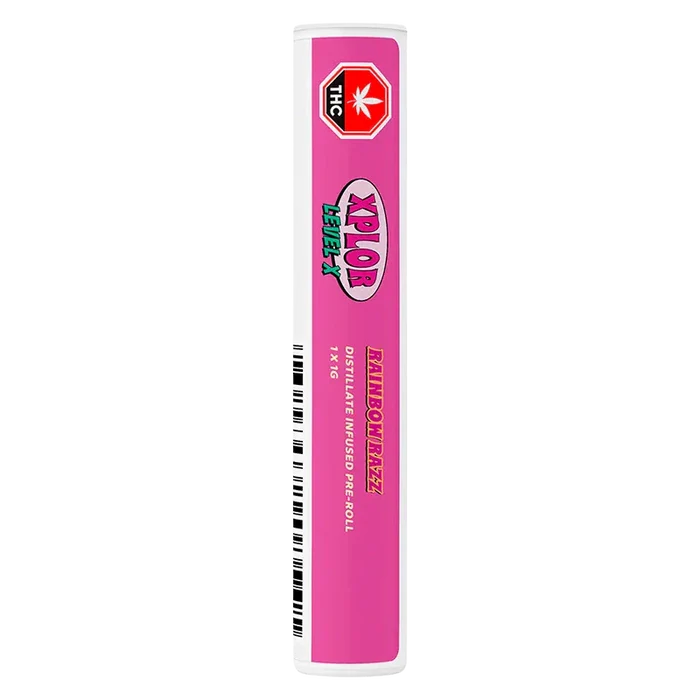 Tall vertical product shot of the Rainbow Razz Distillate Infused PR 1 x 1 g tube with bright pink label and THC stop sign near the top