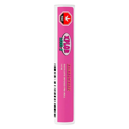 Tall vertical product shot of the Rainbow Razz Distillate Infused PR 1 x 1 g tube with bright pink label and THC stop sign near the top