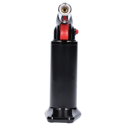Close-up front view of the black Randy's Fahrenheit Butane Torch - Black showing its red ignition wheel and metallic nozzle.