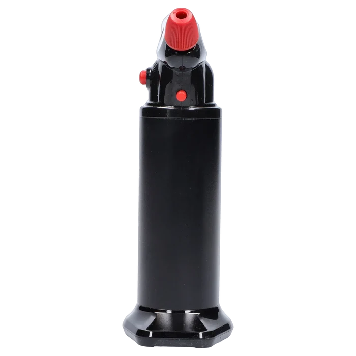 Straight-on studio shot of Randy's Fahrenheit Butane Torch - Black showing its tall cylindrical black body, red nozzle tip and control buttons against a white background