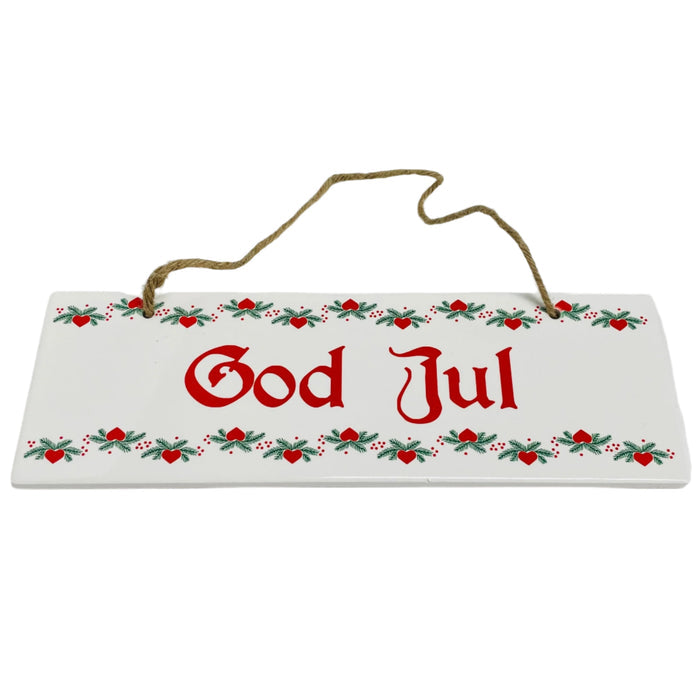 Rectangle Ceramic Sign - God Jul Hearts & Pines