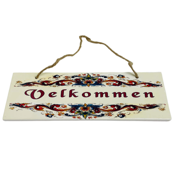 Rectangle Ceramic Sign - Lise Lorentzen Velkommen Rosemailing
