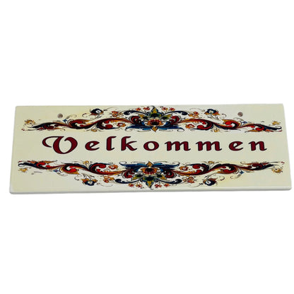 Rectangle Ceramic Sign - Lise Lorentzen Velkommen Rosemailing