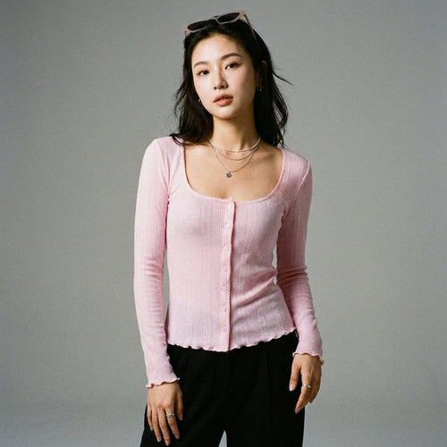 Top rose à manches longues et col carré pour femme - Koreanxwear - Taille S