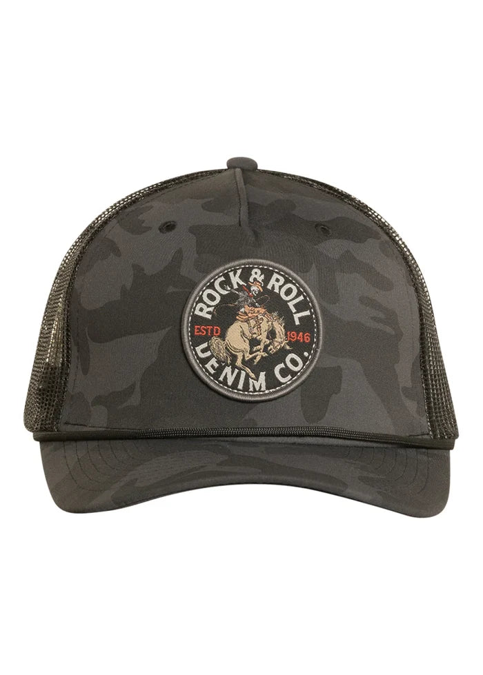Rock & Roll Denim Black Camo Patch Cap in Charcoal