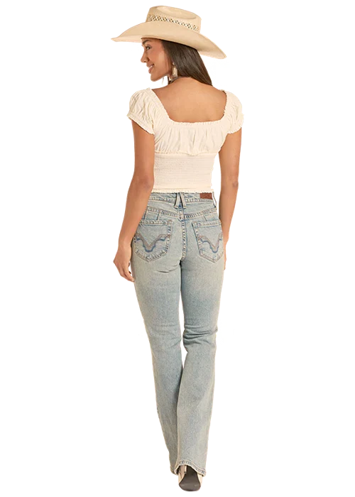 Rock & Roll Denim Women's Smocked Tie Top in Natural
