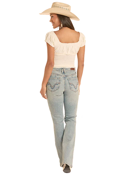 Rock & Roll Denim Women's Smocked Tie Top in Natural