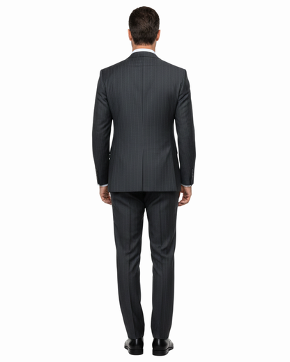 Romaster Men’s Black Pinstripe Slim Fit Peak Lapels Stretch Wool Blend Suit