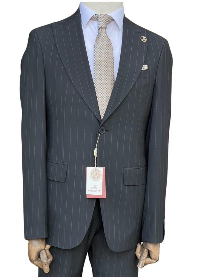 Romaster Men’s Black Pinstripe Slim Fit Peak Lapels Stretch Wool Blend Suit
