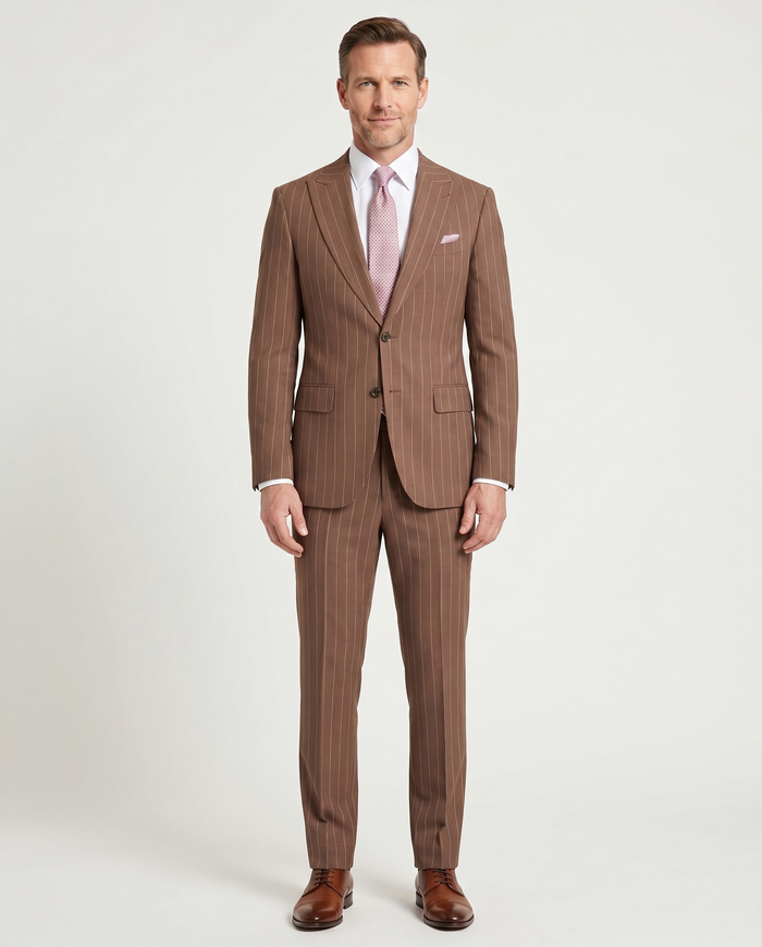 Romaster Men’s Brown Pinstripe Slim Fit Peak Lapels Stretch Wool Blend Suit