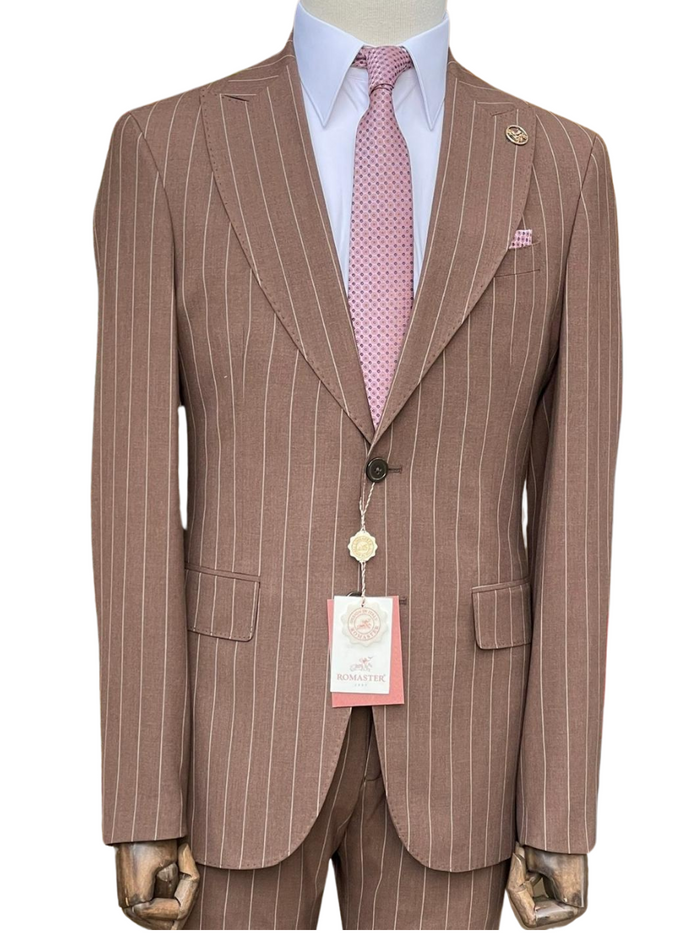 Romaster Men’s Brown Pinstripe Slim Fit Peak Lapels Stretch Wool Blend Suit